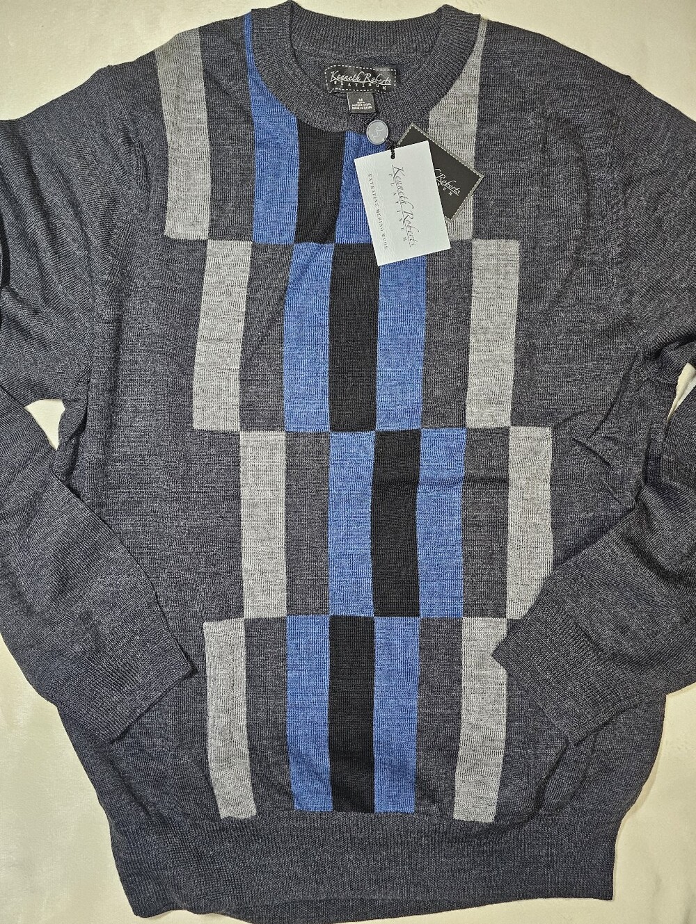 NWT Kenneth Roberts Platinum Men's Merino Wool Geometric Checkerboard Sweater M